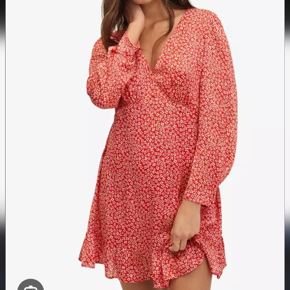 Mango Floral Babydoll Mini Satin Crepe Dress sz 8 Red Ivory Chic Sexy Romantic